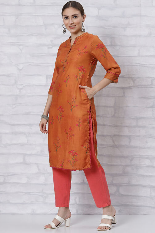 Orange Poly Cotton Straight Kurta image number 2